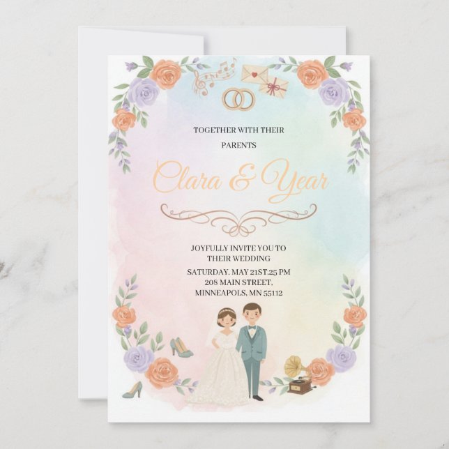 Invitación Elegant Floral Wedding Invitation | Romantic Garde (Anverso)
