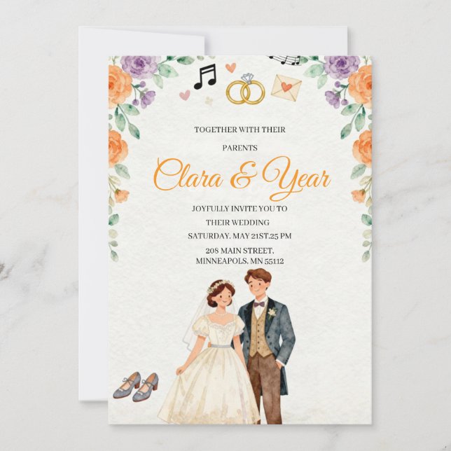 Invitación Elegant Floral Wedding Invitation | Romantic Garde (Anverso)