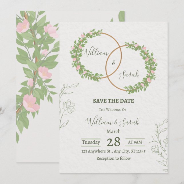 Invitación Elegant Floral Wedding Invitation Template  (Anverso / Reverso)