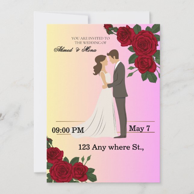 Invitación Elegant Floral Wedding Invitation with Couple Art (Anverso)