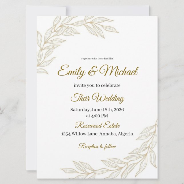 Invitación Elegant Floral Wedding Invitation with Gold Script (Anverso)