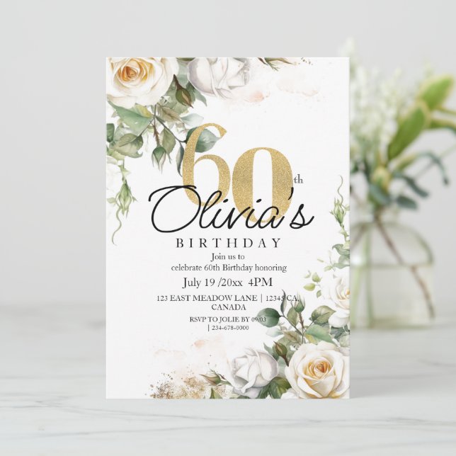 Invitación Elegant Floral White Roses Gold 60th Birthday (Anverso de pie)