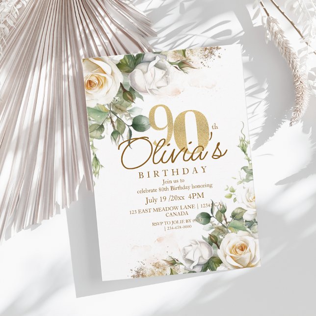 Invitación Elegant Floral White Roses & Gold 90th Birthday (Subido por el creador)