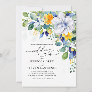 Invitación Elegant floral yellow and blue wedding photo