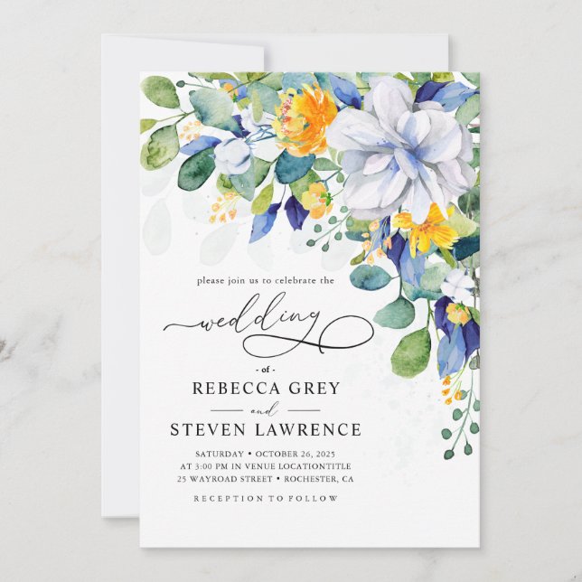 Invitación Elegant floral yellow and blue wedding photo (Anverso)