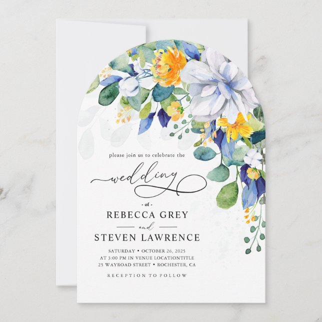 Invitación Elegant floral yellow blue wedding arched photo (Anverso)