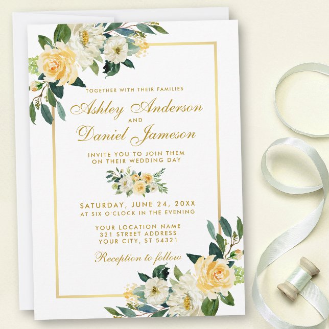 Invitación Elegant Floral Yellow Gold White Green Wedding (Subido por el creador)