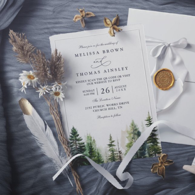 Invitación Elegant forest minimalist pine qr code wedding (Subido por el creador)