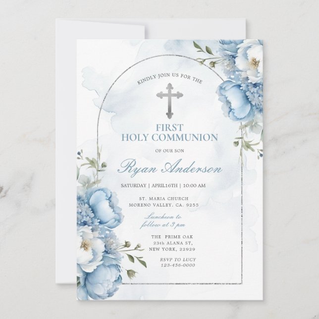 Invitación Elegant Frame Blue Floral First Holy Communion  (Anverso)