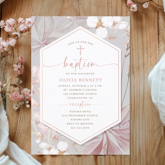 Invitación Elegant Frame Girl Baptism Flowery Watercolor (Subido por el creador)