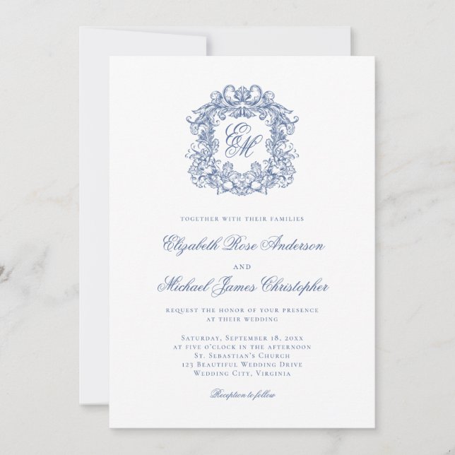 Invitación Elegant French Blue Monogram Crest Wedding (Anverso)