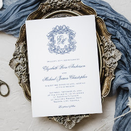 Invitación Elegant French Blue Monogram Crest Wedding