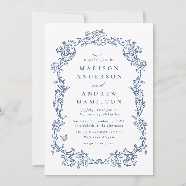 Invitación Elegant French Blue Victorian Floral Frame Wedding (Anverso)