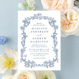 Invitación Elegant French Blue Victorian Floral Frame Wedding