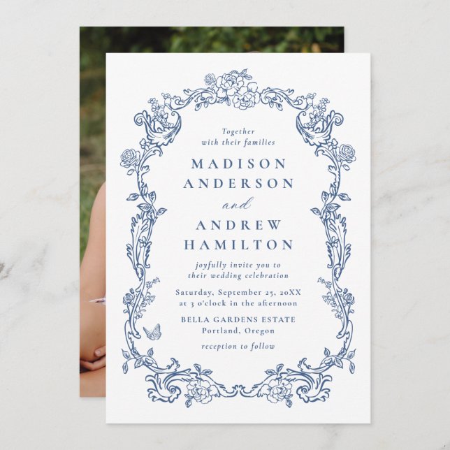 Invitación Elegant French Blue Victorian Floral Photo Wedding (Anverso / Reverso)