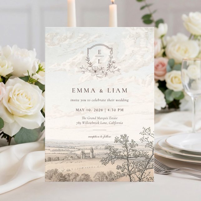Invitación Elegant French Country Toile Monogram Wedding (Subido por el creador)