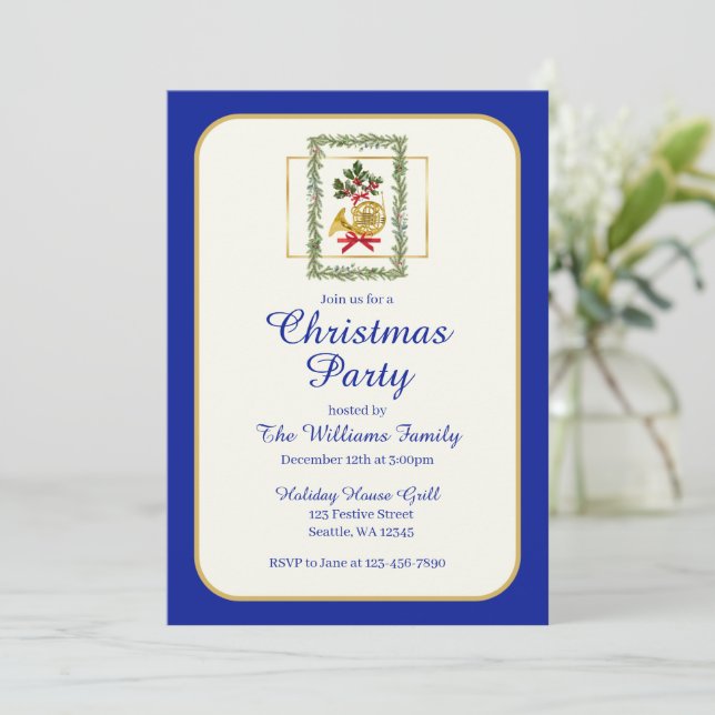 Invitación Elegant French Horn Christmas Royal Blue (Anverso de pie)