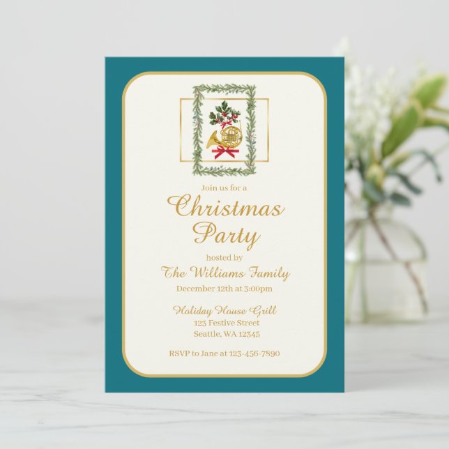 Invitación Elegant French Horn Christmas Teal (Anverso de pie)