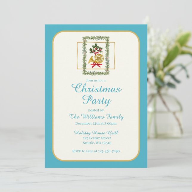 Invitación Elegant French Horn Christmas Turquoise (Anverso de pie)