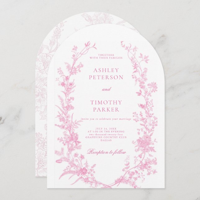 Invitación Elegant French Pink Toile Floral Wedding  (Anverso / Reverso)