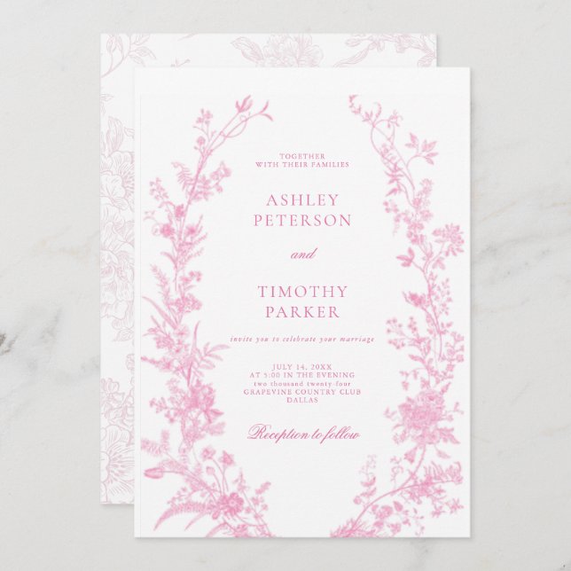 Invitación Elegant French Pink Toile Floral Wedding  (Anverso / Reverso)