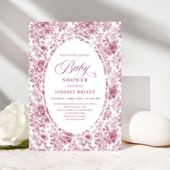 Invitación Elegant French Toile Roses Dusky Pink Baby Shower (Elegant French Toile Roses Dusky Pink Baby Shower)