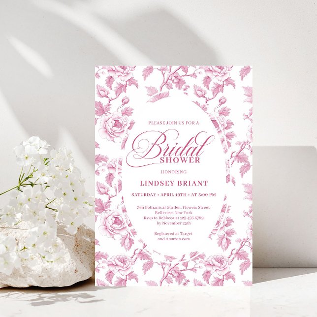 Invitación Elegant French Toile Roses Pink Bridal Shower  (Elegant French Toile Roses Pink Bridal Shower Invitation)