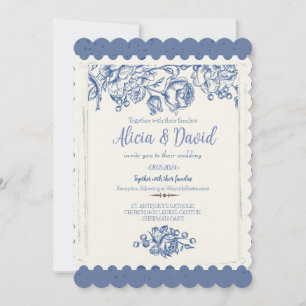 Invitación Elegant French Vintage Blue Floral Wedding