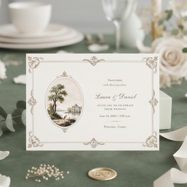 Invitación Elegant French Vintage Chateau Horizontal Wedding  (Subido por el creador)