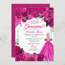 Invitación Elegant Fuchsia Pink Silver Floral Quinceanera Inv