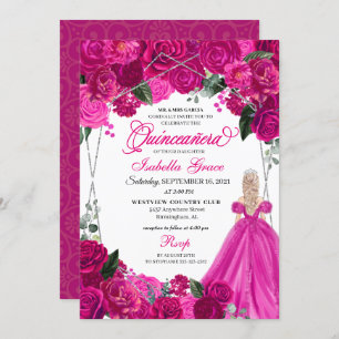 Invitación Elegant Fuchsia Pink Silver Floral Quinceanera Inv