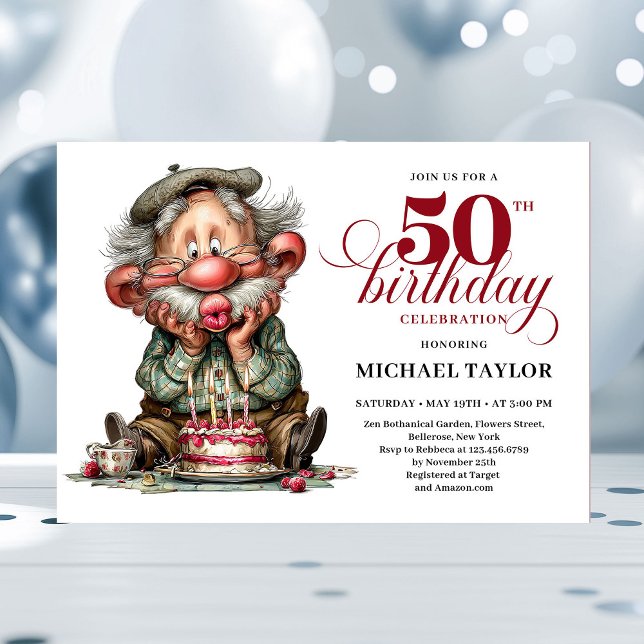Invitación Elegant Funny Man 50th Birthday Humor Cartoon  (funny man 50th birthday, 
trendy colors burgundy red, 
party invitation,
whimsical humor,
quirky, 
p)