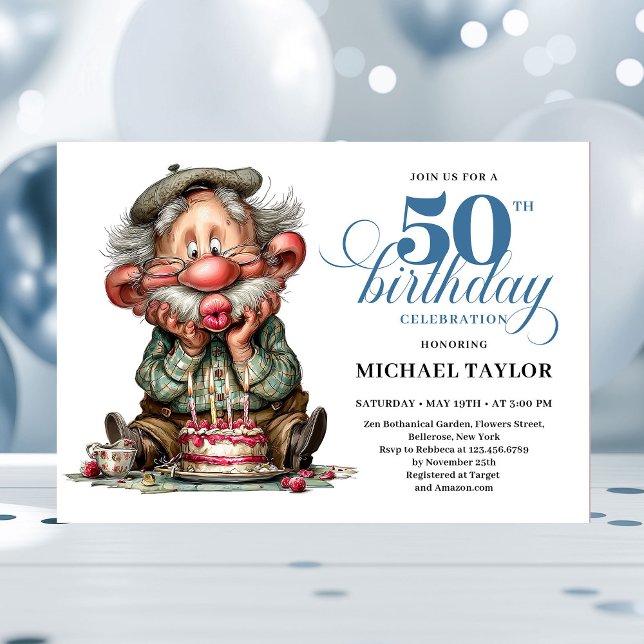 Invitación Elegant Funny Man 50th Birthday Humor Cartoon  (Funny Bold Man Turning 50 Quirky Birthday Invite)