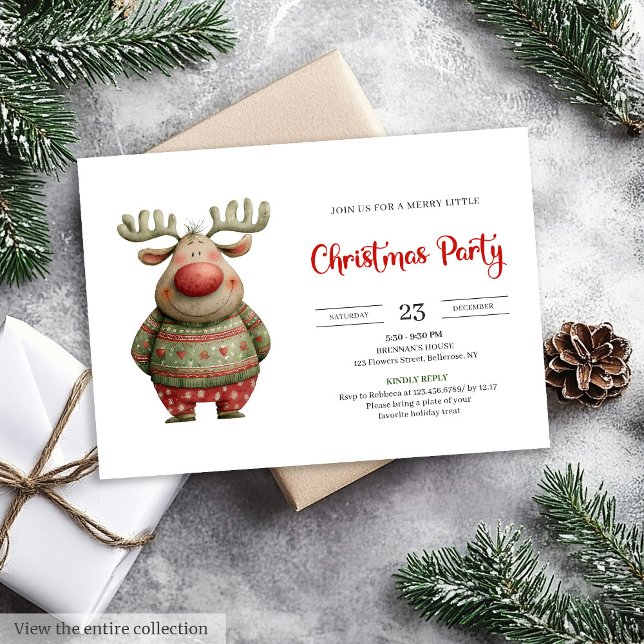 Invitación Elegant Funny Reindeer red green holiday card (Elegant Funny Reindeer red green holiday card)