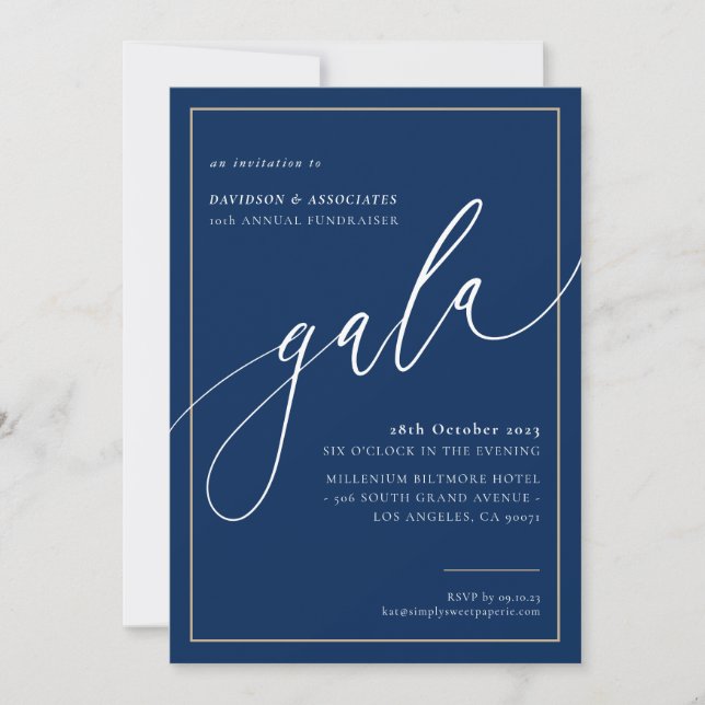 Invitación ELEGANT GALA caligrafía elegante dorado de la mari (Anverso)