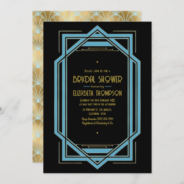 Invitación Elegant Gatsby Art Deco Blue & Gold Bridal Shower (Anverso / Reverso)