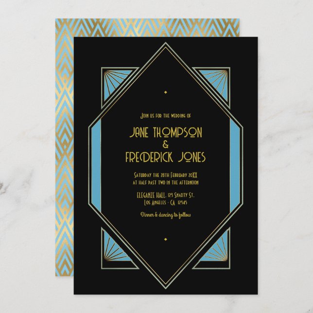 Invitación Elegant Gatsby Art Deco Blue & Gold Wedding Photo (Anverso / Reverso)