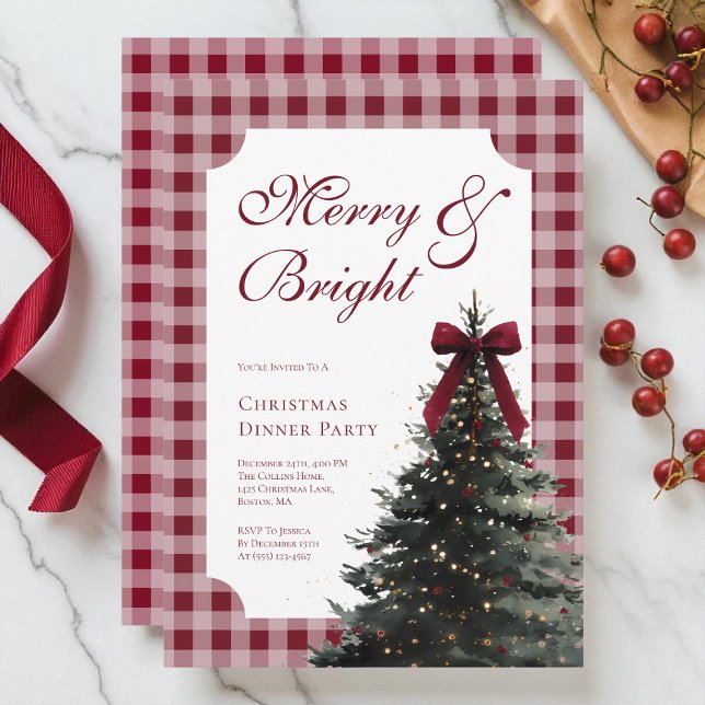 Invitación Elegant Gingham Red Bow Christmas Dinner Party (Elegant Gingham Red Bow Christmas Dinner Party Invitation)