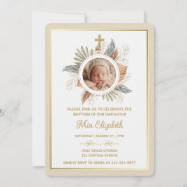 Invitación Elegant Girl Baptism Greenery Cross Photo  Invitat