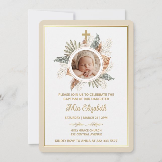 Invitación Elegant Girl Baptism Greenery Cross Photo  Invitat (Anverso)