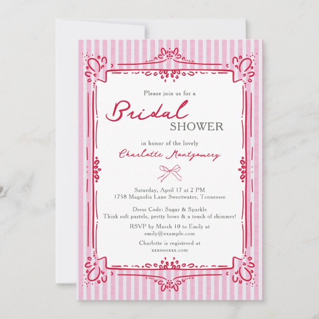 Invitación Elegant Glam Frame & Pink Stripes Bridal Shower (Anverso)