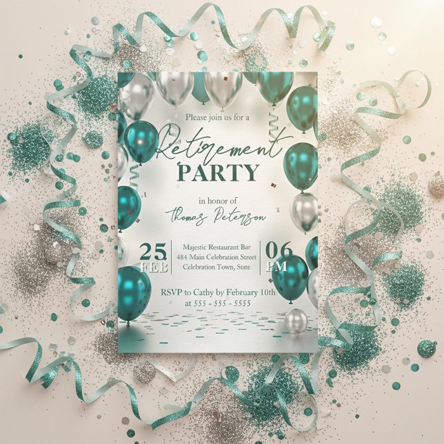 Invitación Elegant Glam Teal Silver Balloons Retirement Party (Subido por el creador)