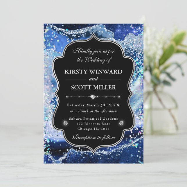 Invitación Elegant Glitter Agate Blue & Silver Wedding (Anverso de pie)