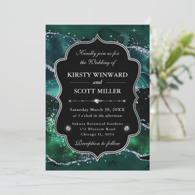 Invitación Elegant Glitter Agate Green & Silver Wedding (Anverso de pie)