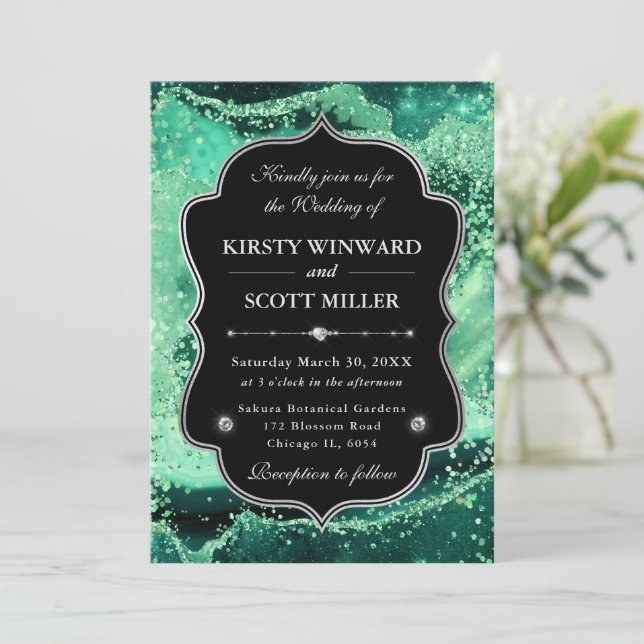 Invitación Elegant Glitter Agate Green & Silver Wedding (Anverso de pie)