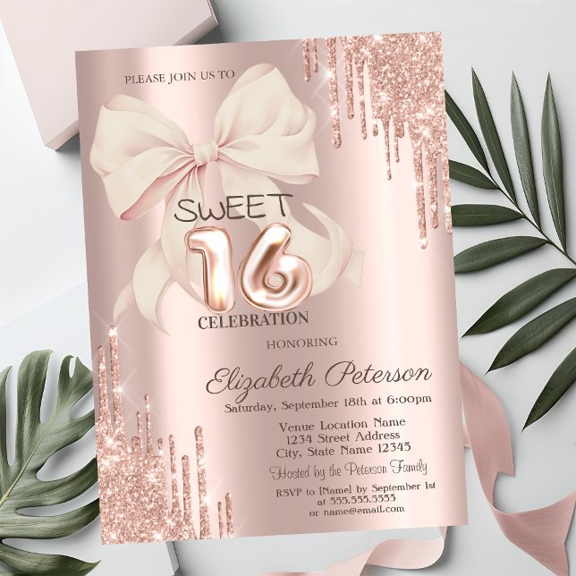 Invitación Elegant Glitter Drips Pink Bow Rose Gold Sweet 16  (Subido por el creador)