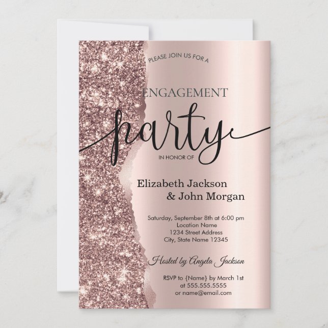 Invitación Elegant Glitter Script de Compromiso en Rosa Dorad (Anverso)