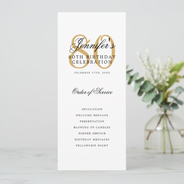 Invitación Elegant Gold 80th Birthday Party Menú (Anverso de pie)