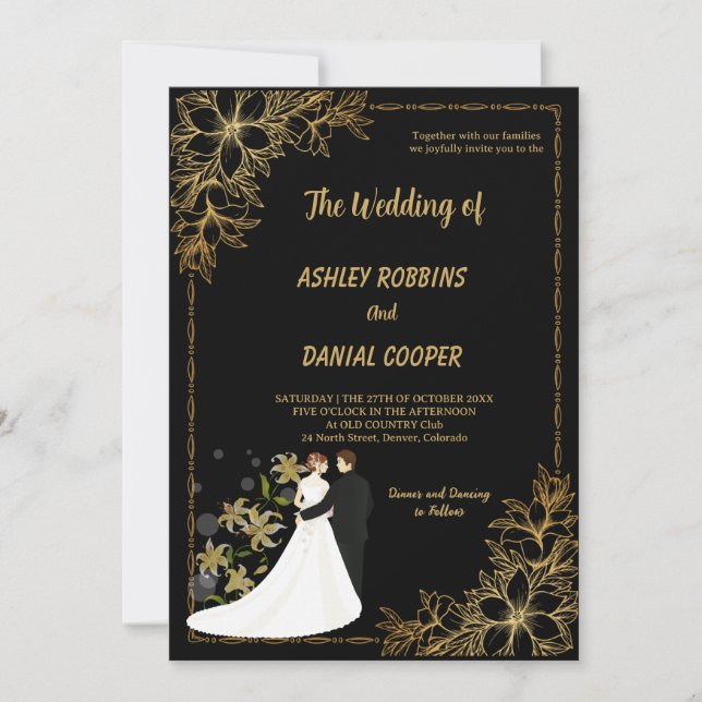 Invitación Elegant gold and Black Border floral Wedding  (Anverso)