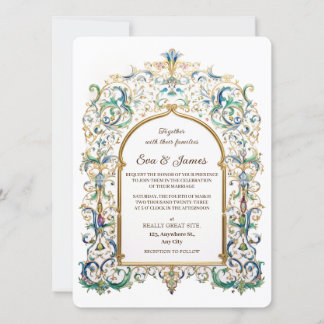 Invitación Elegant Gold and Blue Wedding Vintage Flourishes